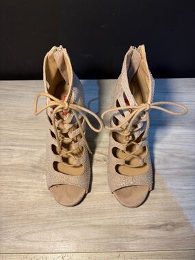 BONGO Blush Lace-Up Peep Toe Heels with Rhinestone Detail